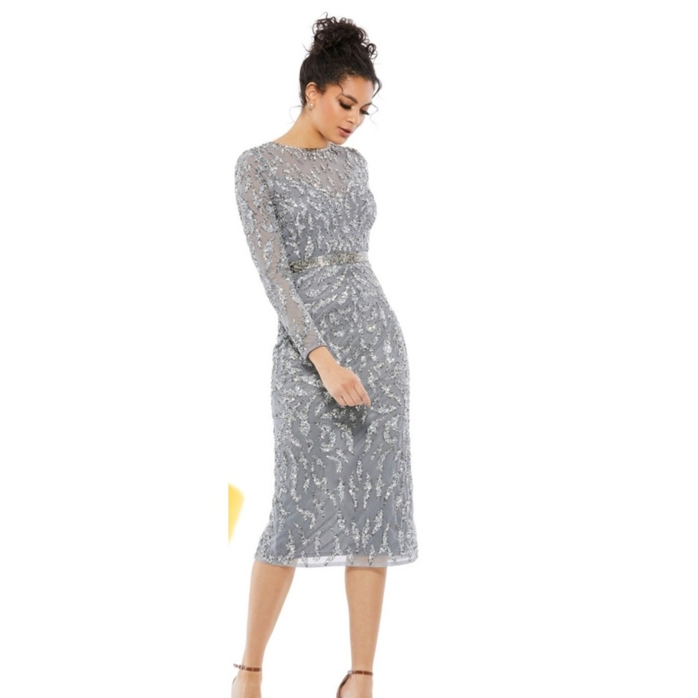 Mac Duggal 5521‎ Sequin Embellished LS Gray Silver Midi Dress SZ 8 Formal NWT